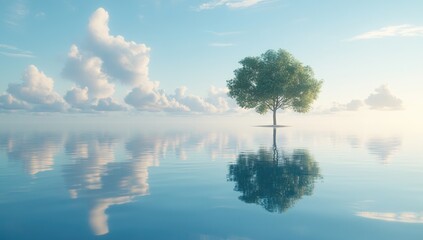 Obraz premium Solitary tree mirrored on calm water under a cloudy sky