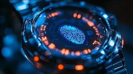 Close-up of a futuristic biometric device displaying a glowing blue fingerprint on a digital screen,  symbolizing advanced security and data technology. - Powered by Adobe