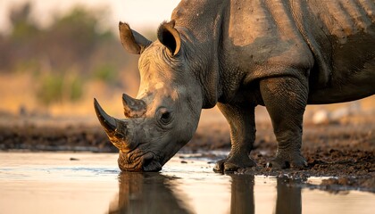 Fototapeta premium An adult rhinoceros, with thick hide and a prominent horn, drinks from a muddy watering hole, bathed in warm sunlight