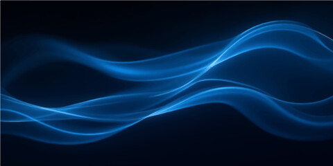 Abstract blue smoke and light form a smooth flowing wave pattern with a curve on a black background for wallpaper design art