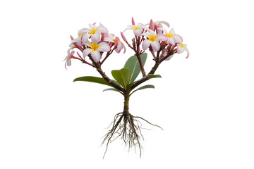 Obraz premium Delicate pink and yellow plumeria flowers with visible roots isolated on transparent background