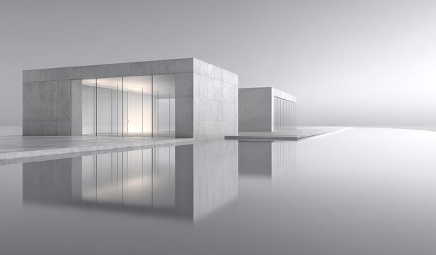 A modern minimalist concrete building with large glass windows and a reflective water surface creating a serene and clean visual effect. - Powered by Adobe