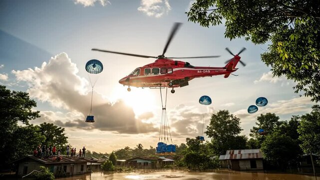 Red helicopter delivers aid to flooded village at sunset with people on rooftops, natural disaster relief efforts.