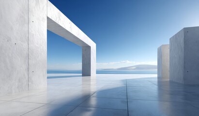 Obraz premium A modern concrete structure by the sea under a clear blue sky, showcasing minimalist design and serene landscape.