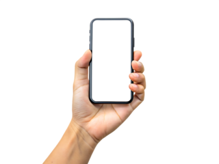 mobile phone screen mockup in case hand holding isolated on white background, png, ai generated