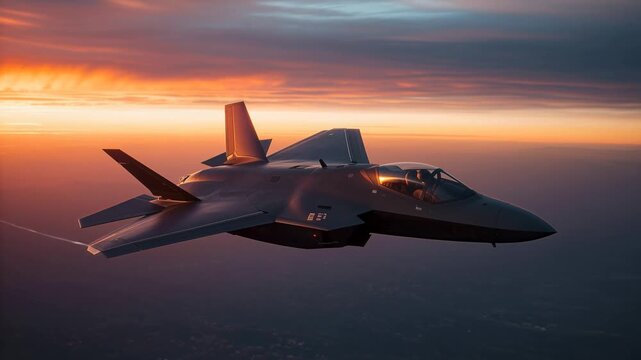 Aereo Jet da combattimento moderno che vola tra le nuvole al tramonto