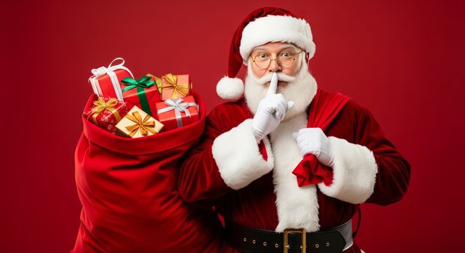 Santa Claus with Big Red Sack Making Shhh Gesture on Red Background