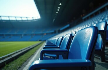 Obraz premium Stadium seats are empty before the event begins. Blue chairs arranged in rows. Green field awaits competition. Modern architecture inside the sports arena. No people are present