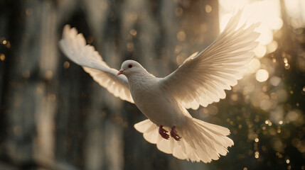 a pure white dove suspended mid-air, wings fully outstretched in perfect symmetry