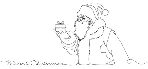 A simple, minimalist, one-line illustration depicting Santa Claus. He wears his signature hat and coat with a thick fur, complete with a curly beard and glasses. He holds a small gift box 