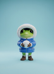 A Whimsical Winter Frog Ready to Play with a Snowball Delightful 3D Render on Soft Blue Background. Generative AI