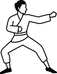 Martial artist in a dynamic fighting stance performing a powerful punch in a stylized line drawing on white background 