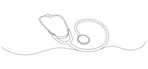 A simple line art illustration of a stethoscope. The image uses a minimalist style with thin black lines and no additional color. The stethoscope is shown with a natural curve