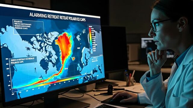 Woman scientist studying melting polar ice caps climate change data on computer with global warming heat map model.