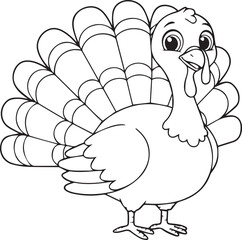  create Cute cartoon turkey outline coloring page on a white background.