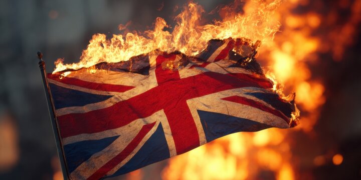 British flag engulfed in flames during a protest at night in an urban setting