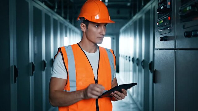 Engineer adjusts industrial controls in server room with tablet for data, ensuring peak performance