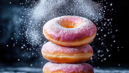 Stacked pink donuts dusted with powder, sweet treat