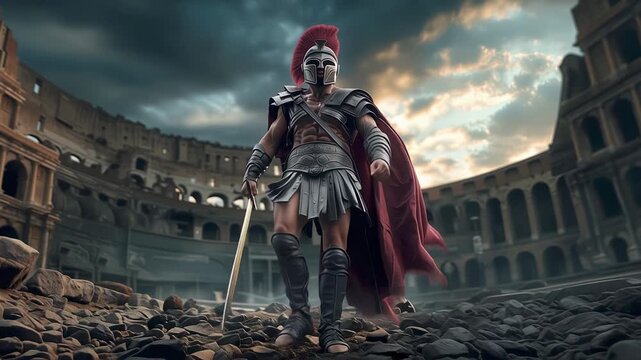Roman Gladiator Holding Sword in Ancient Arena at Sunset