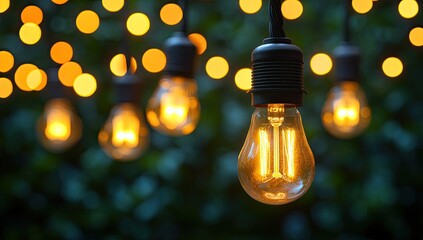String of glowing bulbs, warm light against dark backdrop