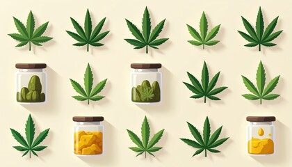 Collection of cannabis icons features leaves buds and extracts in jars. Illustrations for health wellness themes. Ideal for medical product design and brand promotion of alternative medicine.