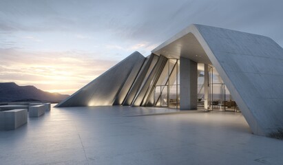 A modern concrete building with a unique triangular roof, showcasing contemporary architecture under a sunset sky.