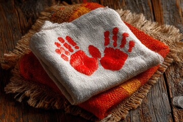 Cherished red handprints on textured fabric evoke warmth, family memories, and artisanal crafts, perfect for heartfelt projects.