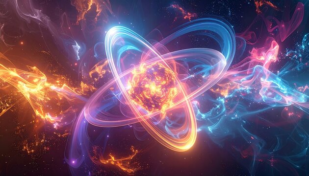 A vibrant, stylized depiction of atomic structure featuring swirling energy and a central, glowing core - Powered by Adobe