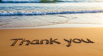 Fototapeta premium Thank You Text Written on Sand with Ocean Waves and Sunset