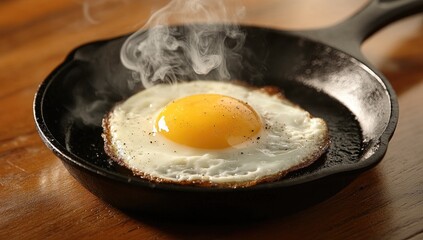 Fried egg steams in black skillet on wood