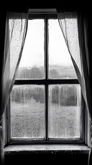Rainy Day View Through Old Window with Curtains