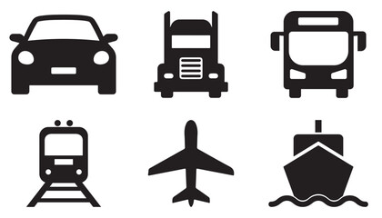 Transportation Icon Set – Line and Solid Vehicle Symbols Including Car, Bus, Train, Bicycle, Airplane,
 and Travel Elements