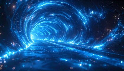 Abstract 3D rendered image of a glowing, swirling tunnel of blue energy. A journey through a cosmic wormhole