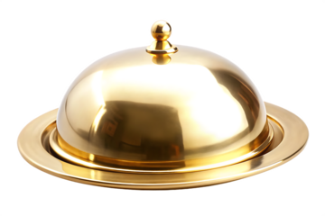 shiny golden food cloche with domed lid and round isolated on white background, png, ai generated