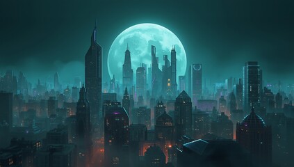 An urban night skyline of downtown city buildings and towers creates a dramatic landscape view