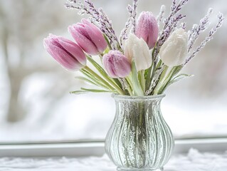 Frosted Pink and White Tulips Winter Bouquet in Glass Vase