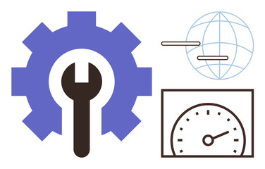 Large gear with wrench symbolizes tools and solutions, gauge indicates performance, world network suggests global reach. Ideal for development, performance, progress, improvement, global solutions