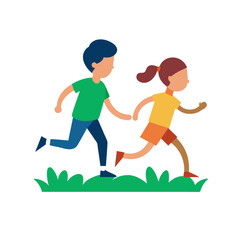 Two children running together in a grassy field on a black background