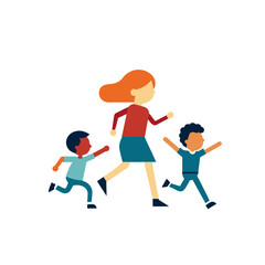A woman and two children running together in a playful energetic scene
