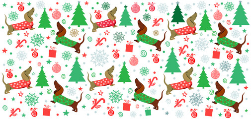 Cute dachshund  dog in winter costume seamless pattern. White Christmas holidays background. Good for textile fabric design, wrapping paper, website wallpapers, textile, wallpaper and apparel. Vector 
