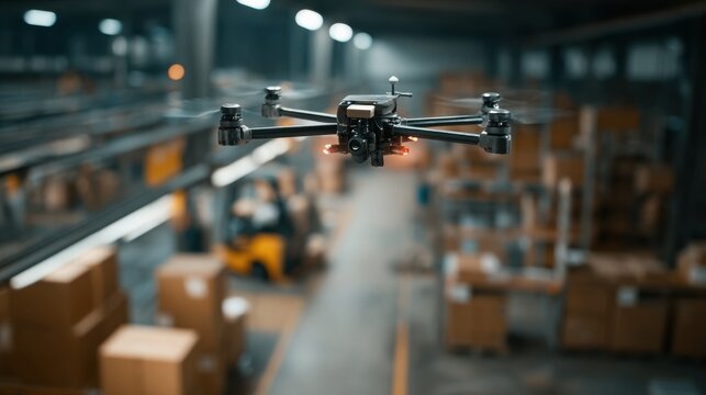 Automated drone hovering midair delivering packages inside a fulfillment center focused on drone with soft focus on warehouse shelves and workers behind.