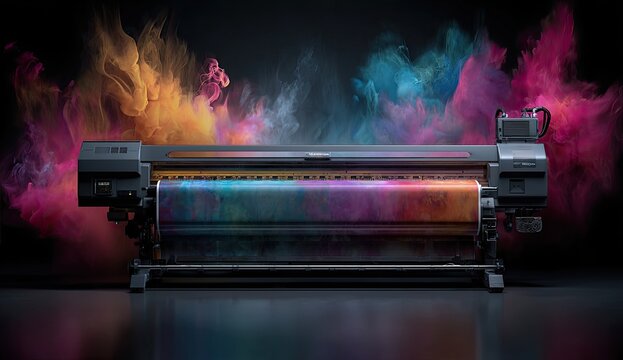 Large-format printer with vibrant, colorful vapor emanating, reflecting on dark surface