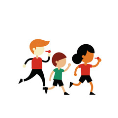 Diverse children and adult running with whistles in a race or game
