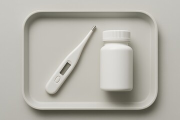 Thermometer and medicine bottle representing health and recovery