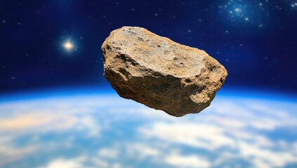 Rocky asteroid drifts above a blue planet and starry backdrop