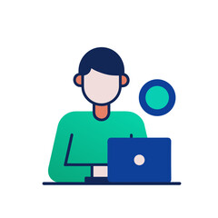Modern flat icon of a person working on a laptop with a circular element