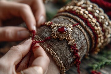 Skilled artisan meticulously crafts intricate ethnic bracelet with deep red gemstone and ornate gold detailing, showcasing ancient tradition and artisanal skill.