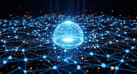 Ultra highresolution, professional studio photography of abstract glowing sphere representing global network connection and data flow with blue digital connections and orange lights