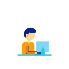 Stylized person working on a computer with blue hair and orange shirt