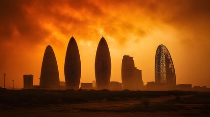 Dramatic Sunset Silhouette of Modern Skyscrapers